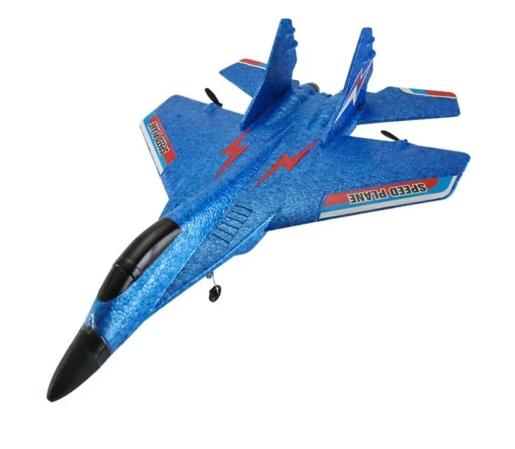 Blue RC airplane performing a flight maneuver