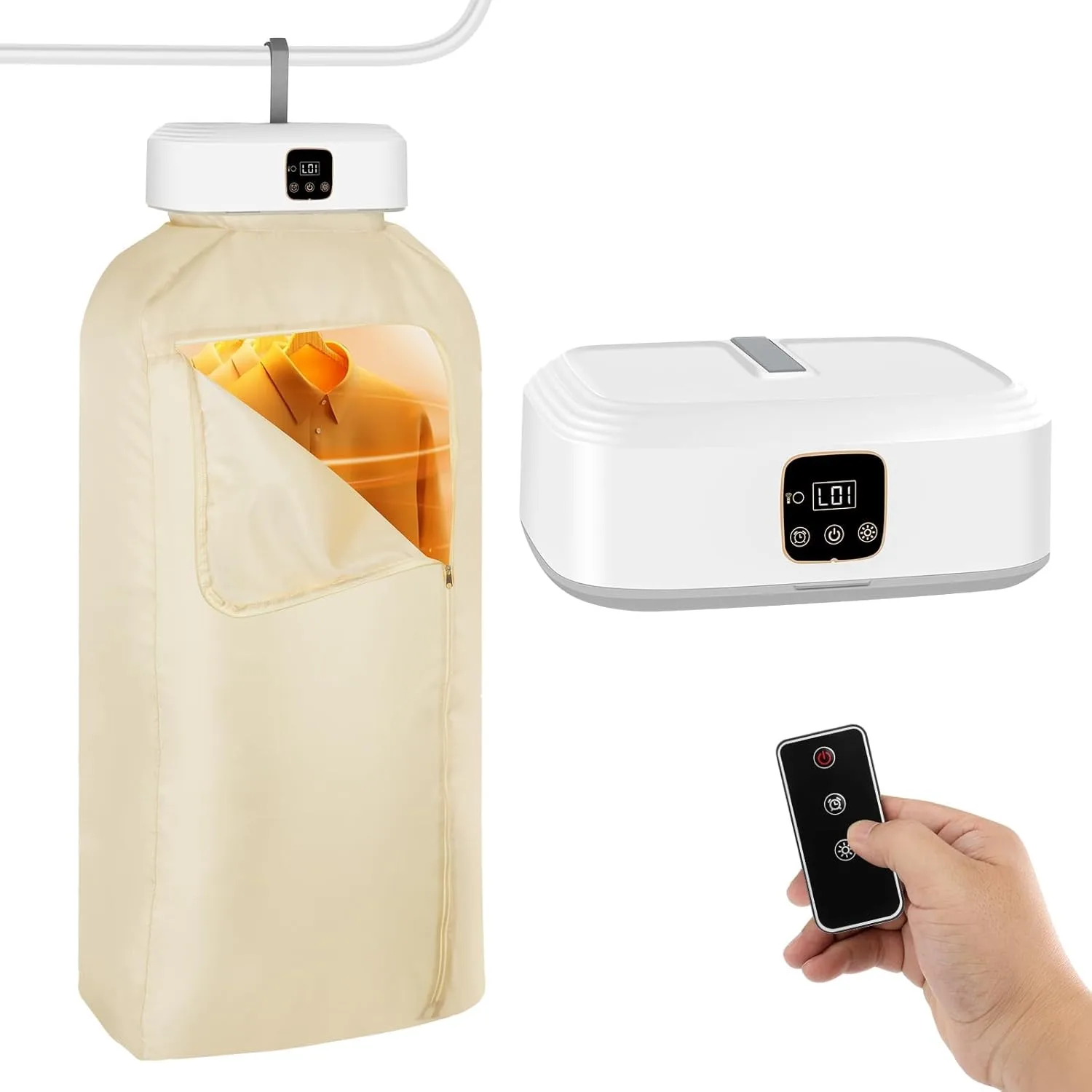 Portable electric clothes dryer unit with fabric cover and remote control display