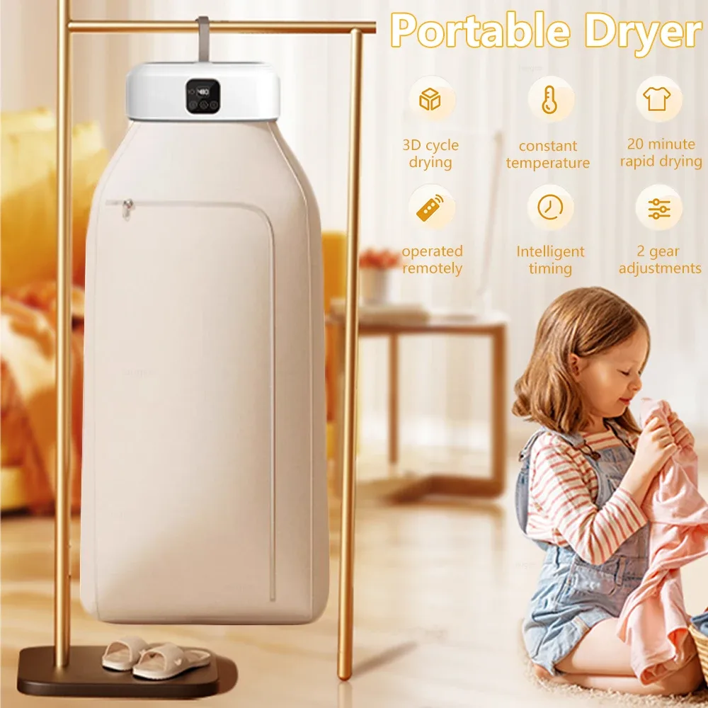 Portable electric clothes dryer unit hanging on a gold rack with a child holding clothes nearby