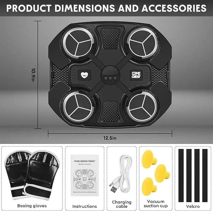 A flat-lay view of the music boxing machine dimensions and all included accessories like gloves, suction cups, and a charging cable.