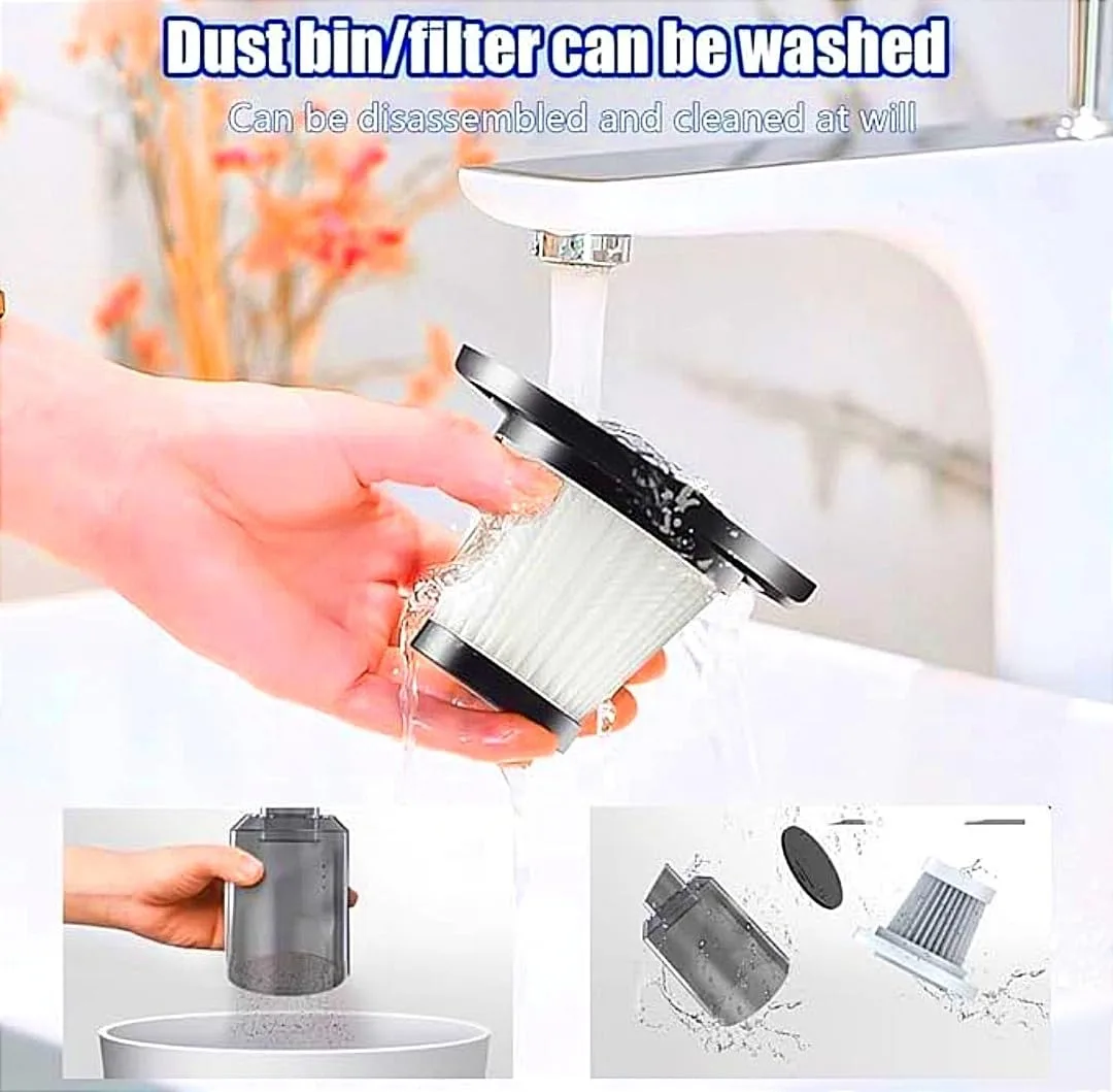 Hand washing the reusable HEPA filter and dust bin of the handheld vacuum under a tap