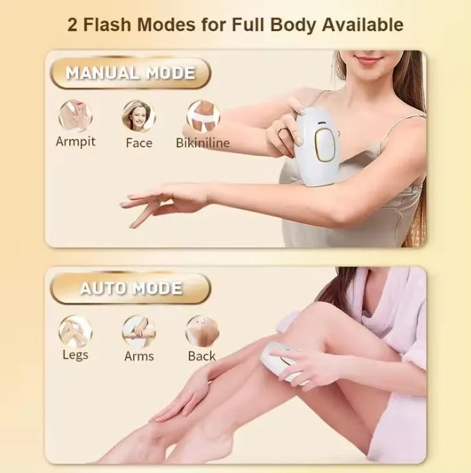 User demonstrating manual and auto flash modes for full body hair removal