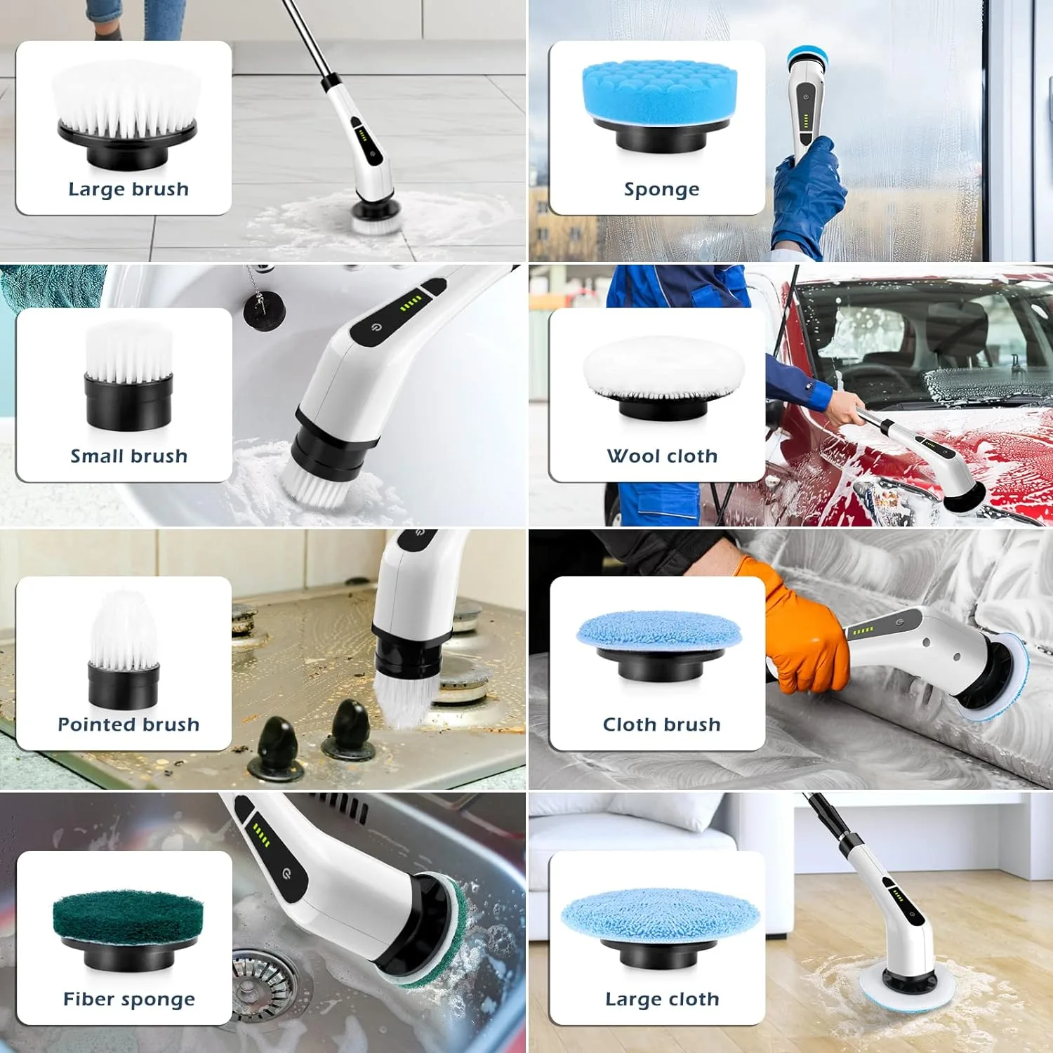 Seven different cleaning brush heads for various surfaces including sponge, wool cloth, and brushes
