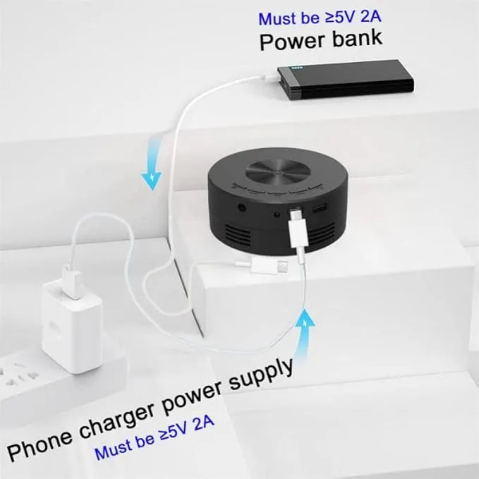 Diagram showing the projector connected to a power bank and wall charger for portable use