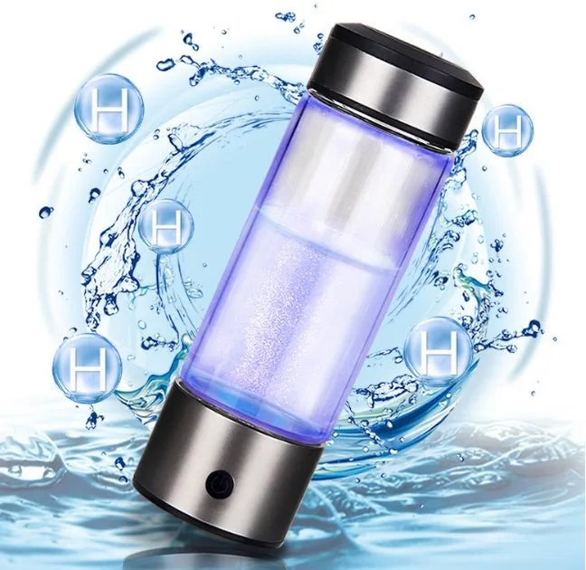 Hydrogen water bottle showing electrolysis bubbles and H2 ions