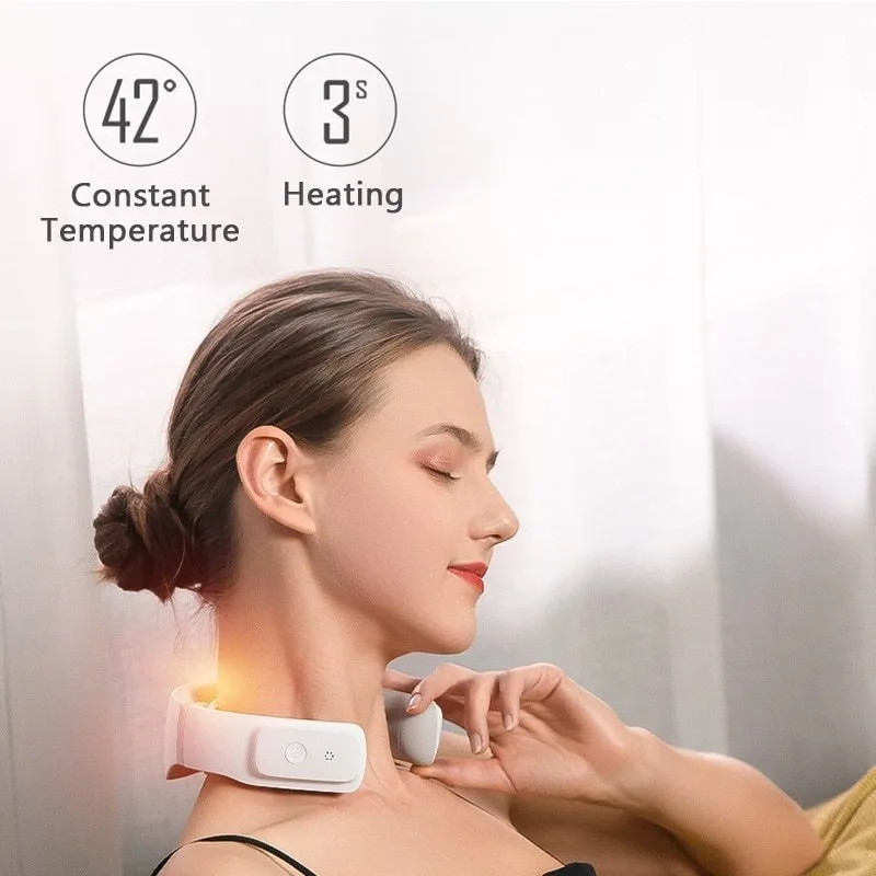 Woman relaxing with the G3 neck massager featuring 42-degree constant heating