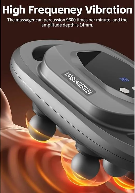 Close up of the 6-head massage gun showing high frequency vibration and digital display