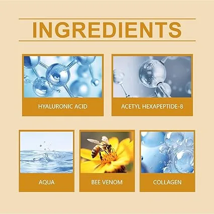 List of key ingredients including hyaluronic acid and bee venom