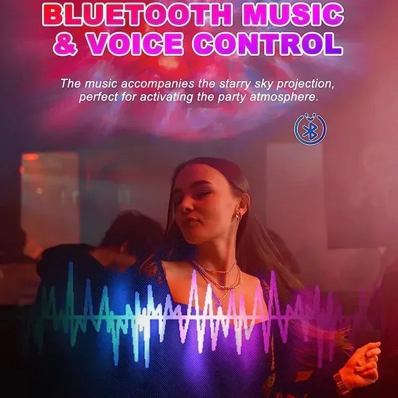 Woman dancing in a room filled with colorful nebula and starry sky lighting effects