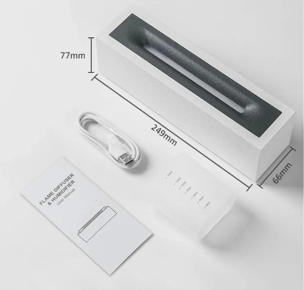Dimensions of the white fire humidifier with included accessories