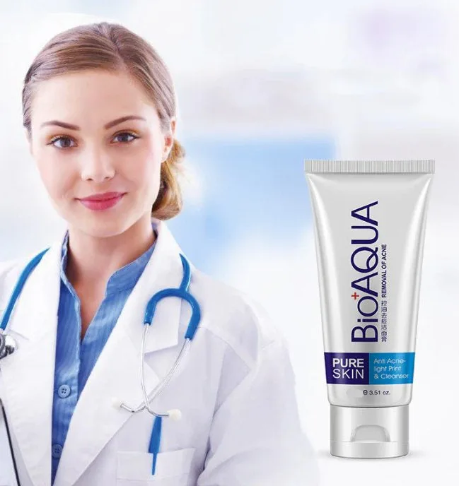 Bioaqua Pure Skin acne cleanser with professional medical imagery