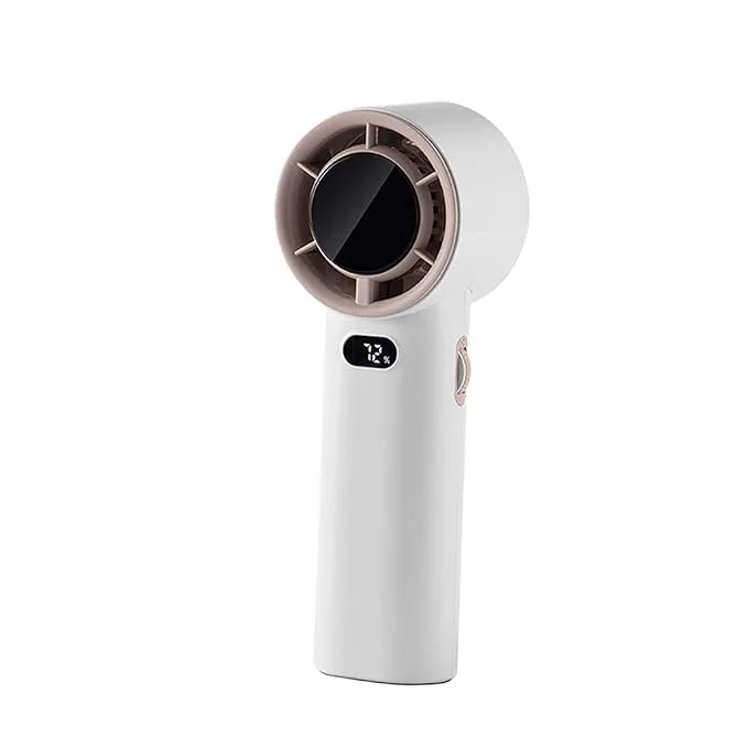 portable fan with digital display showing battery percentage