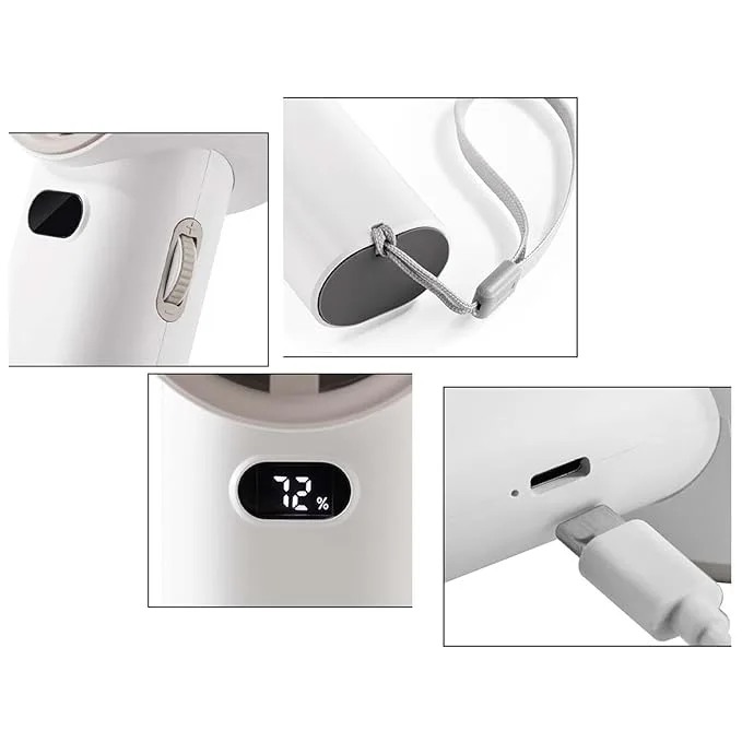 close up views of the digital display, wrist strap attachment, and usb-c charging port