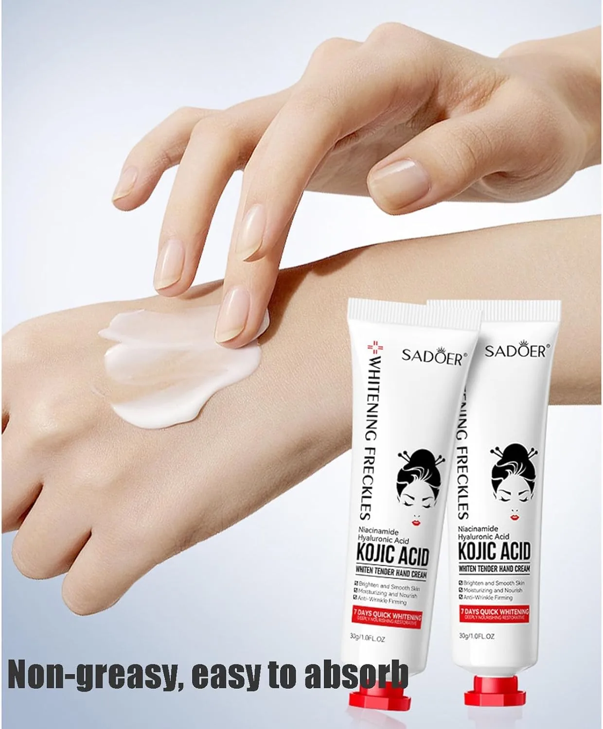 Two tubes of Sadoer Kojic Acid Hand Cream with hand application texture