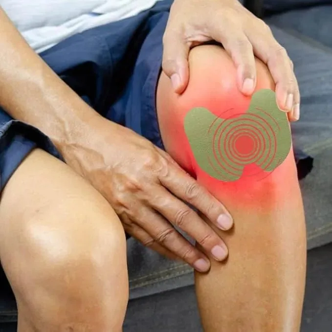 Close-up of FlexiKnee herbal patch applied to a sore knee