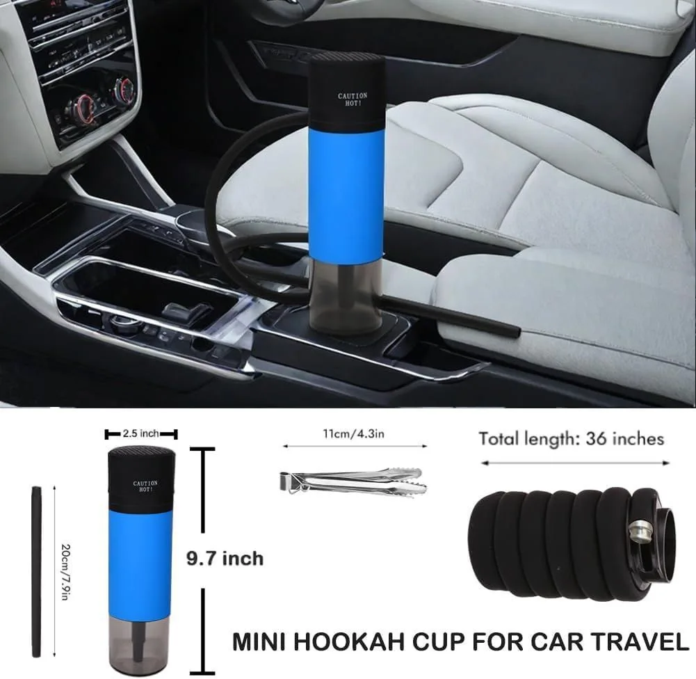 Travel hookah inside a car cup holder with dimension specs