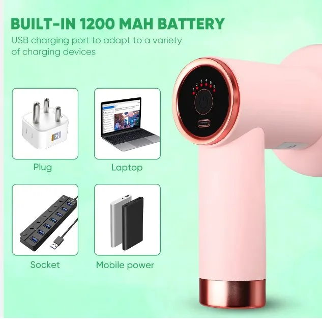 portable body massager showing usb charging compatibility with laptop and power bank