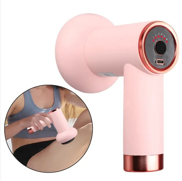 woman using handheld massager on thigh for muscle relief